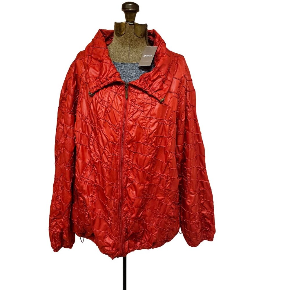 Chicos Zenergy Jacket Womens Size 4 Ellen Crinkled  Scarlet Sun Red Polyester
